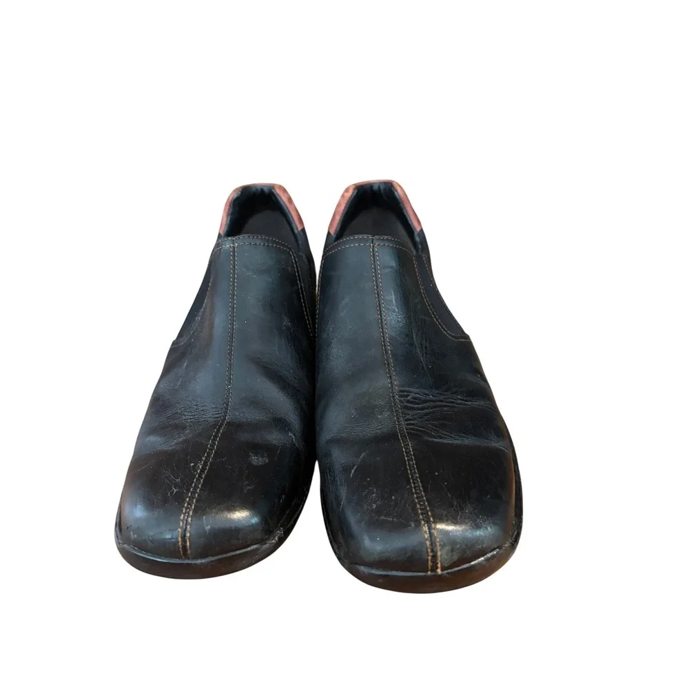 Cole Haan Mens Black Leather Slip On Loafers Bicycle Toe Brown Heel Accent